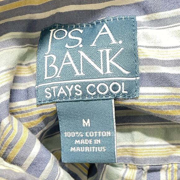Jos A Bank Shirt M Blue Green Yellow Striped Button Up 100% Cotton Short Sleeve - Picture 4 of 6